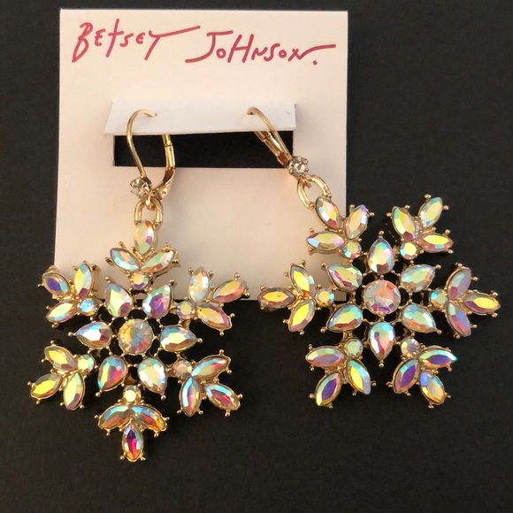Betsey Johnson Gold Tone Snowflake Drop Earrings Iridescent Crystal Accents NWT - Picture 3 of 13